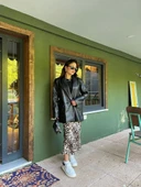 Kadın Kruvaze Yaka Çift Düğmeli Deri Ceket Siyah - 6