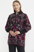 Çiçek Desenli Kalın Yün Triko Ceket - Siyah - 2