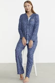 Yumoş Düğmeli Uzun Kol Pijama Takım - Mavi - 3