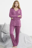 Önden Düğmeli Rahat Kalıp Pijama Takım - Gül - 5