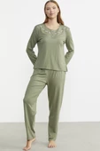 Sıfır Yaka Düğmeli Pijama Takım - Yeşil thumbnail 5