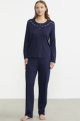 Sıfır Yaka Düğmeli Pijama Takım - Lacivert thumbnail 2