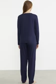 Sıfır Yaka Düğmeli Pijama Takım - Lacivert thumbnail 6