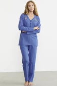 Nakış Detaylı  Düğmeli Pijama Takım - Mavi - 4