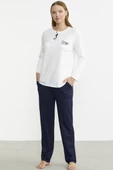 Patlı Düğmeli Desen Kombinli Pijama Takım - Lacivert - 1