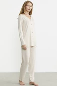 Önden Düğmeli Rahat Kalıp Pijama Takım - Bej thumbnail 4