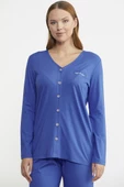 Önden Düğmeli Rahat Kalıp Pijama Takım - Saks - 3