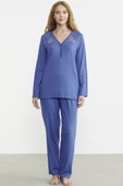 Nakış Detaylı  Düğmeli Pijama Takım - Mavi - 1
