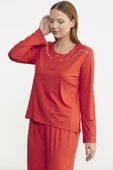 Sıfır Yaka Düğmeli Pijama Takım - Mercan - 3