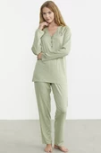 Nakış Detaylı  Düğmeli Pijama Takım - Yeşil - 4