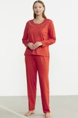 Sıfır Yaka Düğmeli Pijama Takım - Mercan - 2