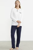 Patlı Düğmeli Desen Kombinli Pijama Takım - Lacivert - 5