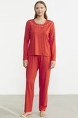 Sıfır Yaka Düğmeli Pijama Takım - Mercan - 1