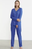 Önden Düğmeli Rahat Kalıp Pijama Takım - Saks - 4