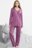 Önden Düğmeli Rahat Kalıp Pijama Takım - Gül - 4