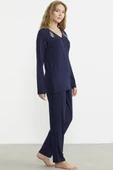 Nakış Detaylı  Düğmeli Pijama Takım - Lacivert thumbnail 5