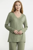 Önden Düğmeli Rahat Kalıp Pijama Takım - Yeşil thumbnail 2
