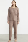 Sıfır Yaka Düğmeli Pijama Takım - Koyu Vizon - 1