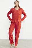 Sıfır Yaka Düğmeli Pijama Takım - Mercan - 4