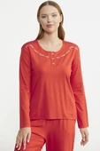Sıfır Yaka Düğmeli Pijama Takım - Mercan - 5