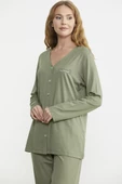 Önden Düğmeli Rahat Kalıp Pijama Takım - Yeşil thumbnail 4