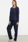 Sıfır Yaka Düğmeli Pijama Takım - Lacivert thumbnail 5