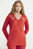 Nakış Detaylı  Düğmeli Pijama Takım - Mercan - 3
