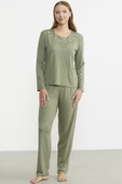 Sıfır Yaka Düğmeli Pijama Takım - Yeşil thumbnail 1