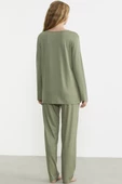 Önden Düğmeli Rahat Kalıp Pijama Takım - Yeşil thumbnail 6