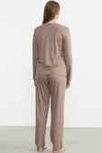 Sıfır Yaka Düğmeli Pijama Takım - Koyu Vizon - 6