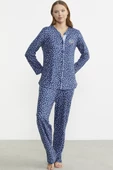 Yumoş Düğmeli Uzun Kol Pijama Takım - Mavi - 2