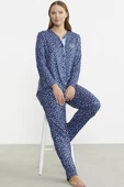 Yumoş Düğmeli Uzun Kol Pijama Takım - Mavi - 1