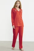 Nakış Detaylı  Düğmeli Pijama Takım - Mercan - 4
