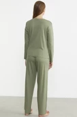 Sıfır Yaka Düğmeli Pijama Takım - Yeşil thumbnail 6