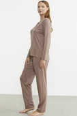 Sıfır Yaka Düğmeli Pijama Takım - Koyu Vizon - 4