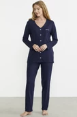 Önden Düğmeli Rahat Kalıp Pijama Takım - Lacivert - 5