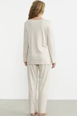 Önden Düğmeli Rahat Kalıp Pijama Takım - Bej thumbnail 6