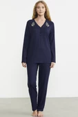 Nakış Detaylı  Düğmeli Pijama Takım - Lacivert thumbnail 1