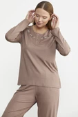 Sıfır Yaka Düğmeli Pijama Takım - Koyu Vizon - 3