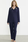 Nakış Detaylı  Düğmeli Pijama Takım - Lacivert thumbnail 2