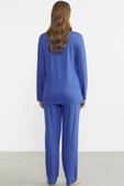 Önden Düğmeli Rahat Kalıp Pijama Takım - Saks - 6