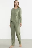 Sıfır Yaka Düğmeli Pijama Takım - Yeşil thumbnail 4