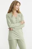 Nakış Detaylı  Düğmeli Pijama Takım - Yeşil - 5