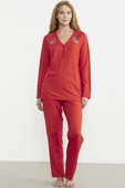 Nakış Detaylı  Düğmeli Pijama Takım - Mercan - 2