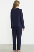 Nakış Detaylı  Düğmeli Pijama Takım - Lacivert thumbnail 6
