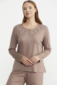 Sıfır Yaka Düğmeli Pijama Takım - Koyu Vizon - 2