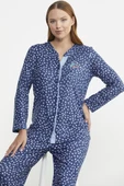 Yumoş Düğmeli Uzun Kol Pijama Takım - Mavi - 5