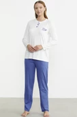 Patlı Düğmeli Desen Kombinli Pijama Takım - Mavi - 1