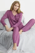 Önden Düğmeli Rahat Kalıp Pijama Takım - Gül - 3