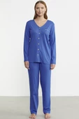 Önden Düğmeli Rahat Kalıp Pijama Takım - Saks - 2